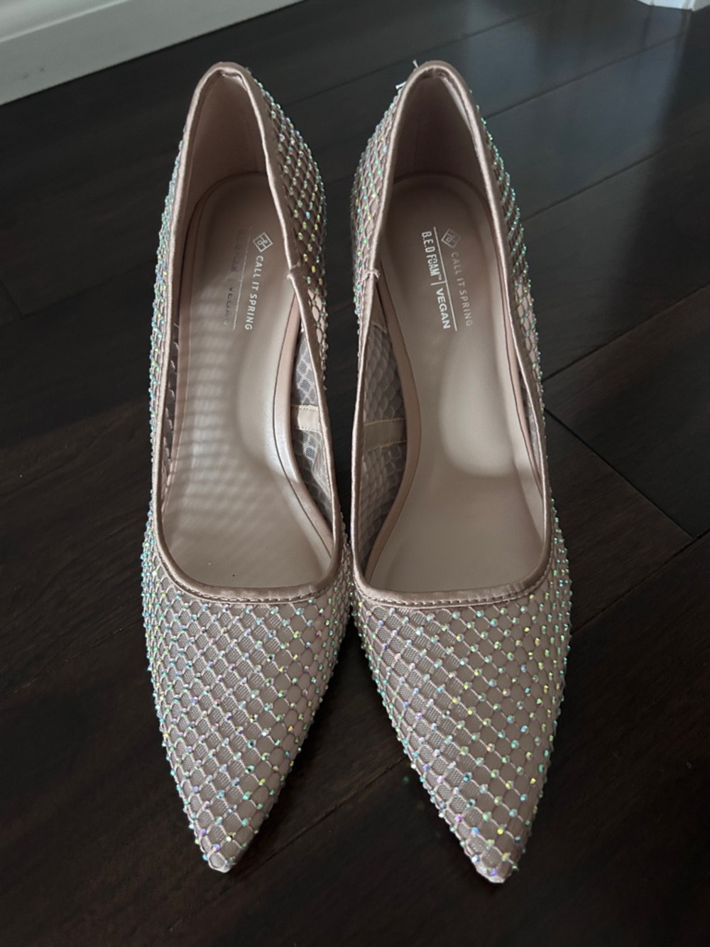 Call It Spring Blush Pink Pointed Toe Crystal Mesh Pumps